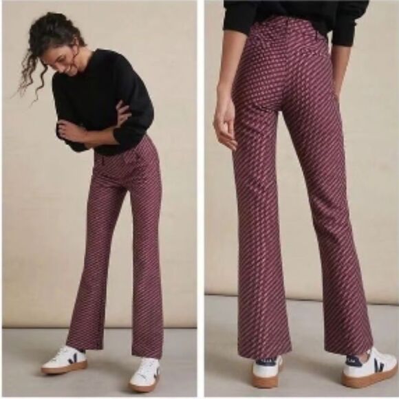 Anthropologie The Essential Slim Flared Pants Magenta Burgundy Pattern Size 2 - Picture 3 of 16